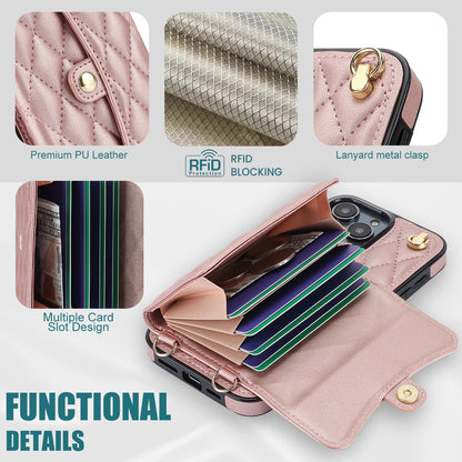 026 For iPhone 15 Pro RFID Blocking Card Holder Phone Case PU Leather+TPU Kickstand Cover with 2 Straps