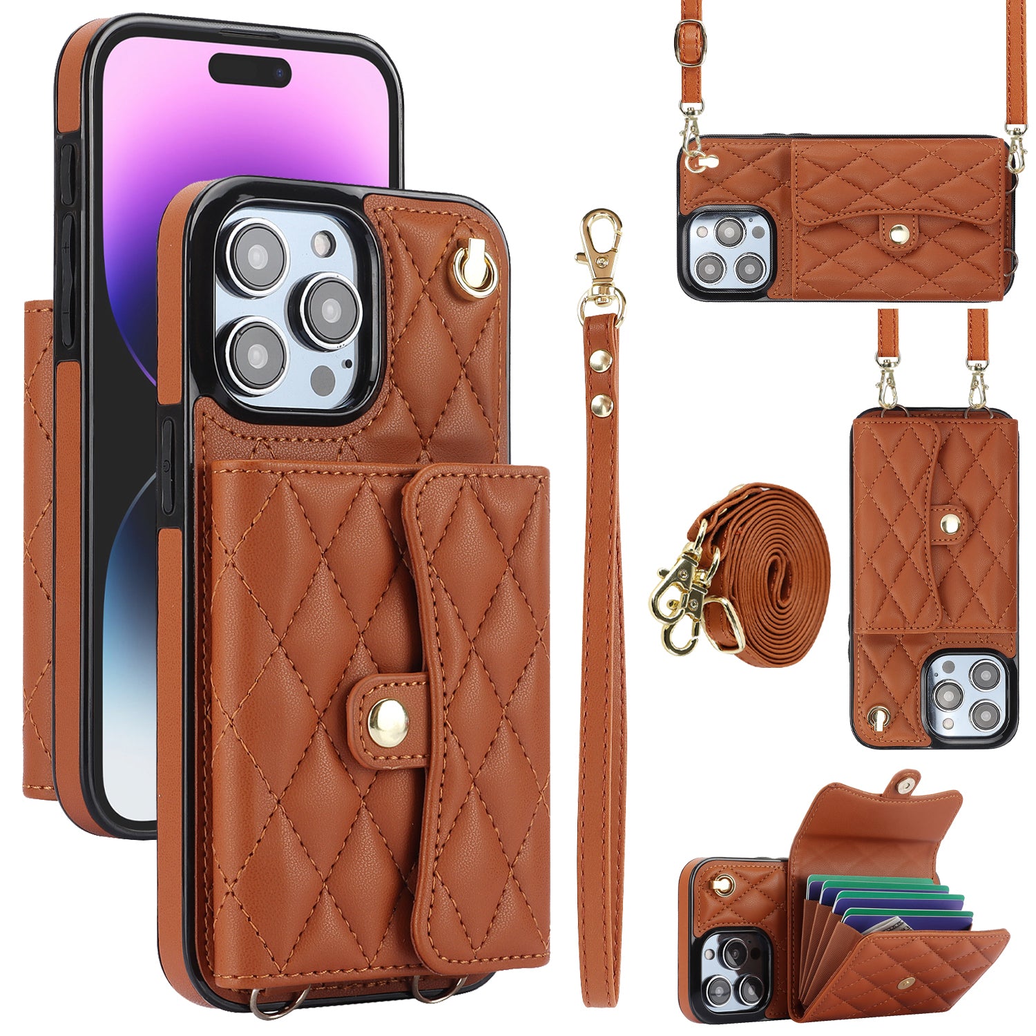 026 For iPhone 15 Pro RFID Blocking Card Holder Phone Case PU Leather+TPU Kickstand Cover with 2 Straps