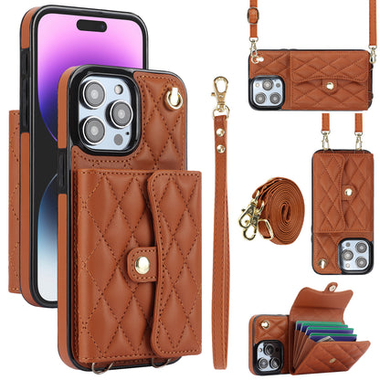 026 For iPhone 15 Pro RFID Blocking Card Holder Phone Case PU Leather+TPU Kickstand Cover with 2 Straps