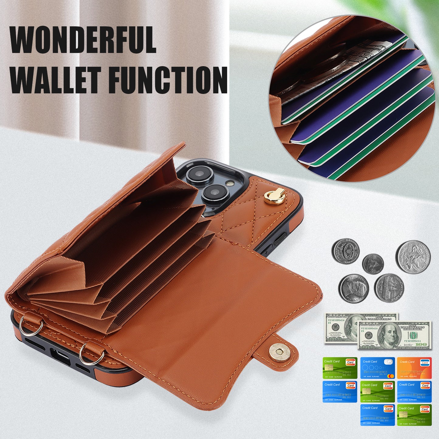 026 For iPhone 15 Pro RFID Blocking Card Holder Phone Case PU Leather+TPU Kickstand Cover with 2 Straps