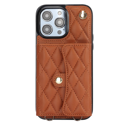 026 For iPhone 15 Pro RFID Blocking Card Holder Phone Case PU Leather+TPU Kickstand Cover with 2 Straps