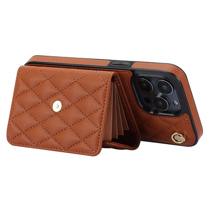 026 For iPhone 15 Pro RFID Blocking Card Holder Phone Case PU Leather+TPU Kickstand Cover with 2 Straps