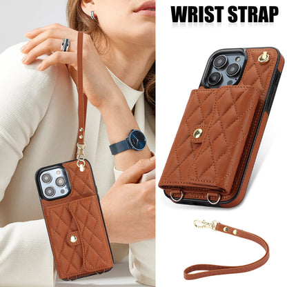 026 For iPhone 15 Pro RFID Blocking Card Holder Phone Case PU Leather+TPU Kickstand Cover with 2 Straps