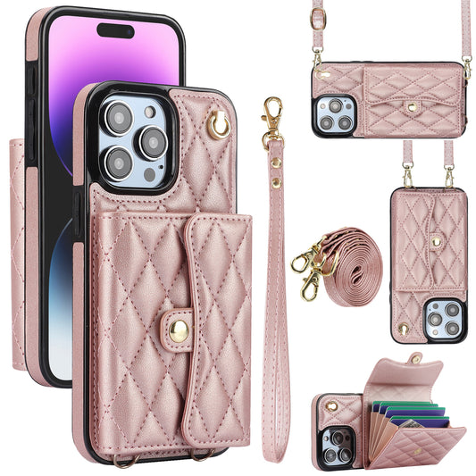 026 For iPhone 15 Pro Max PU Leather+TPU Kickstand Cover RFID Blocking Card Slots Phone Case with Short and Long Straps
