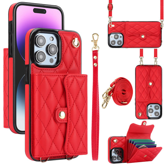 026 For iPhone 15 Pro Max PU Leather+TPU Kickstand Cover RFID Blocking Card Slots Phone Case with Short and Long Straps