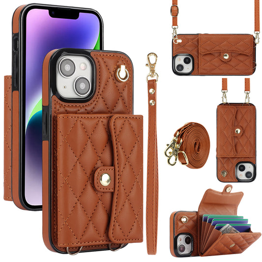026 For iPhone 15 Plus PU Leather+TPU RFID Blocking Phone Case Card Holder Kickstand Cover with 2 Straps