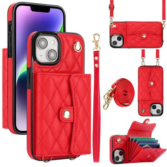 026 For iPhone 15 Plus PU Leather+TPU RFID Blocking Phone Case Card Holder Kickstand Cover with 2 Straps