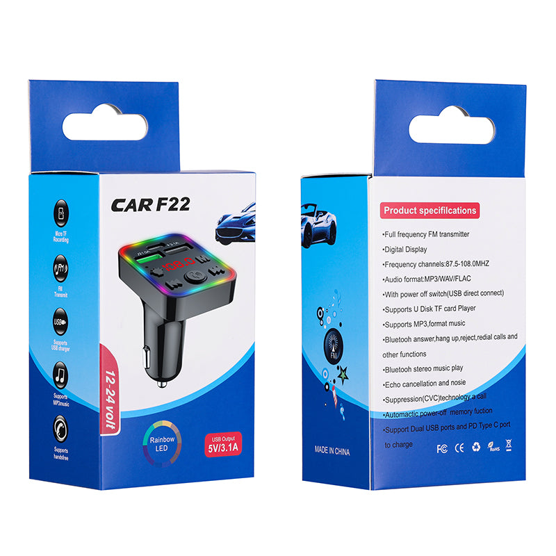 F22 7-Colors LED Wireless Car MP3 Player FM Dual USB Car Charger Smart Bluetooth Calling Car Audio Device