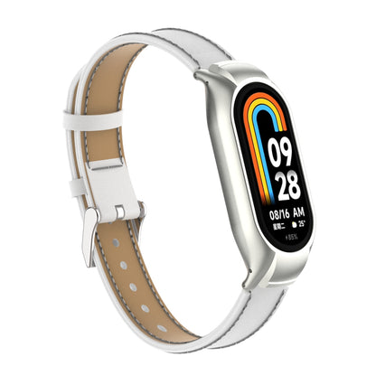 For Xiaomi Smart Band 8 Stitching Microfiber Leather Watch Band Replacement Strap with Metal Frame Case