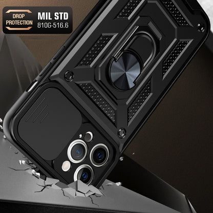 Camera Push Window Phone Case Cover with Kickstand Ring Holder for iPhone 12 Pro Max