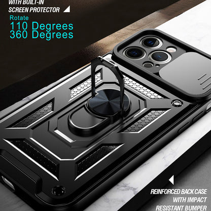 Camera Push Window Phone Case Cover with Kickstand Ring Holder for iPhone 12 Pro Max