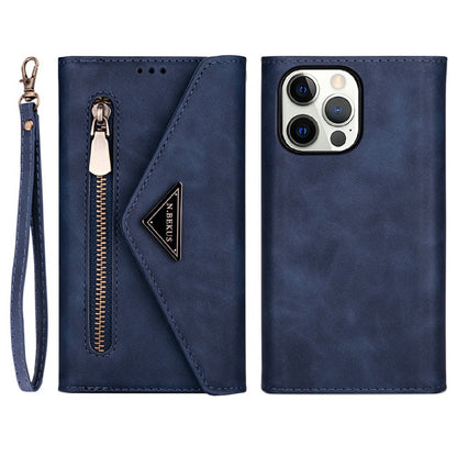 Skin Feeling Stylish Leather Zipper Wallet Stand Phone Case with Two Straps for iPhone 13 Pro Max 6.7 inch