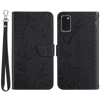 For Samsung Galaxy A41 (Global Version) Butterfly Flower Imprinted PU Leather Wallet Phone Cover TPU Inner Shell Skin-touch Feeling Stand Folio Case with Strap