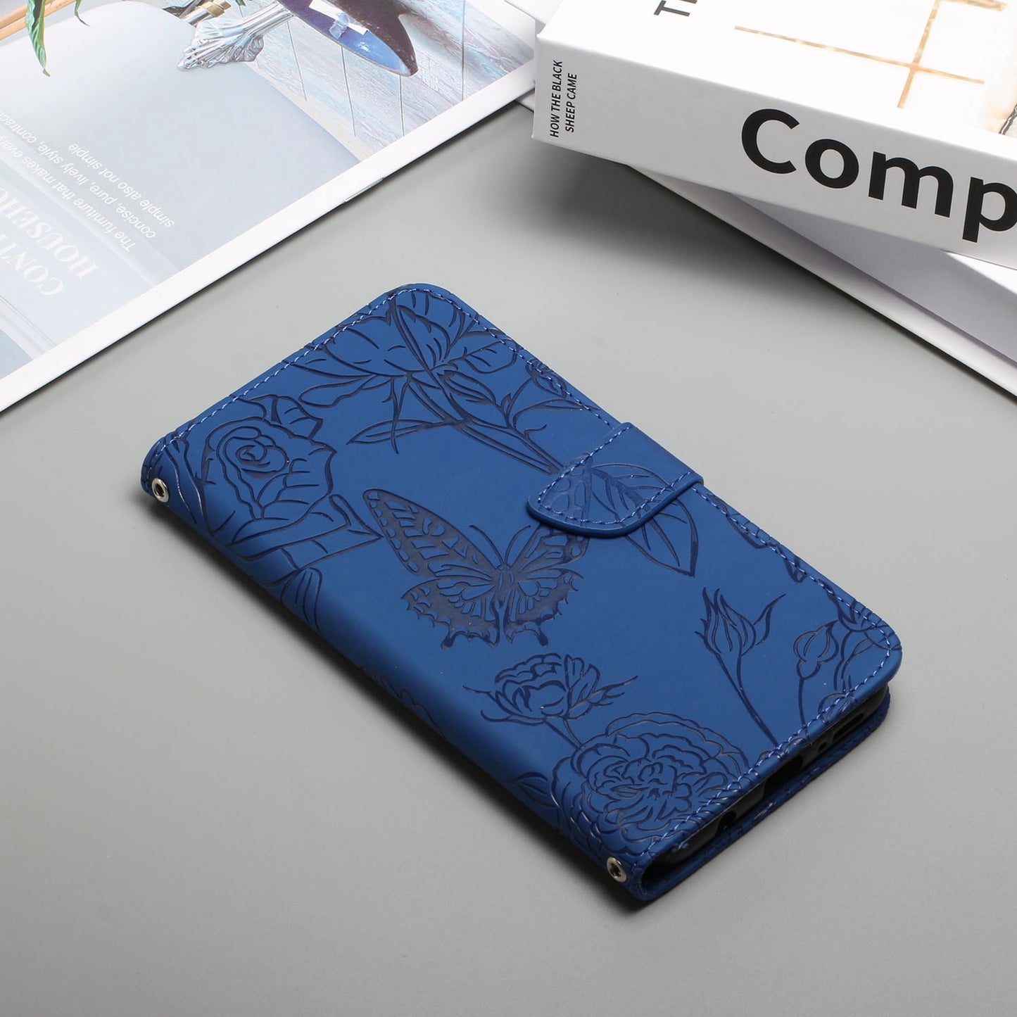 For Samsung Galaxy A41 (Global Version) Butterfly Flower Imprinted PU Leather Wallet Phone Cover TPU Inner Shell Skin-touch Feeling Stand Folio Case with Strap