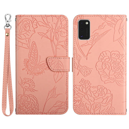 For Samsung Galaxy A41 (Global Version) Butterfly Flower Imprinted PU Leather Wallet Phone Cover TPU Inner Shell Skin-touch Feeling Stand Folio Case with Strap
