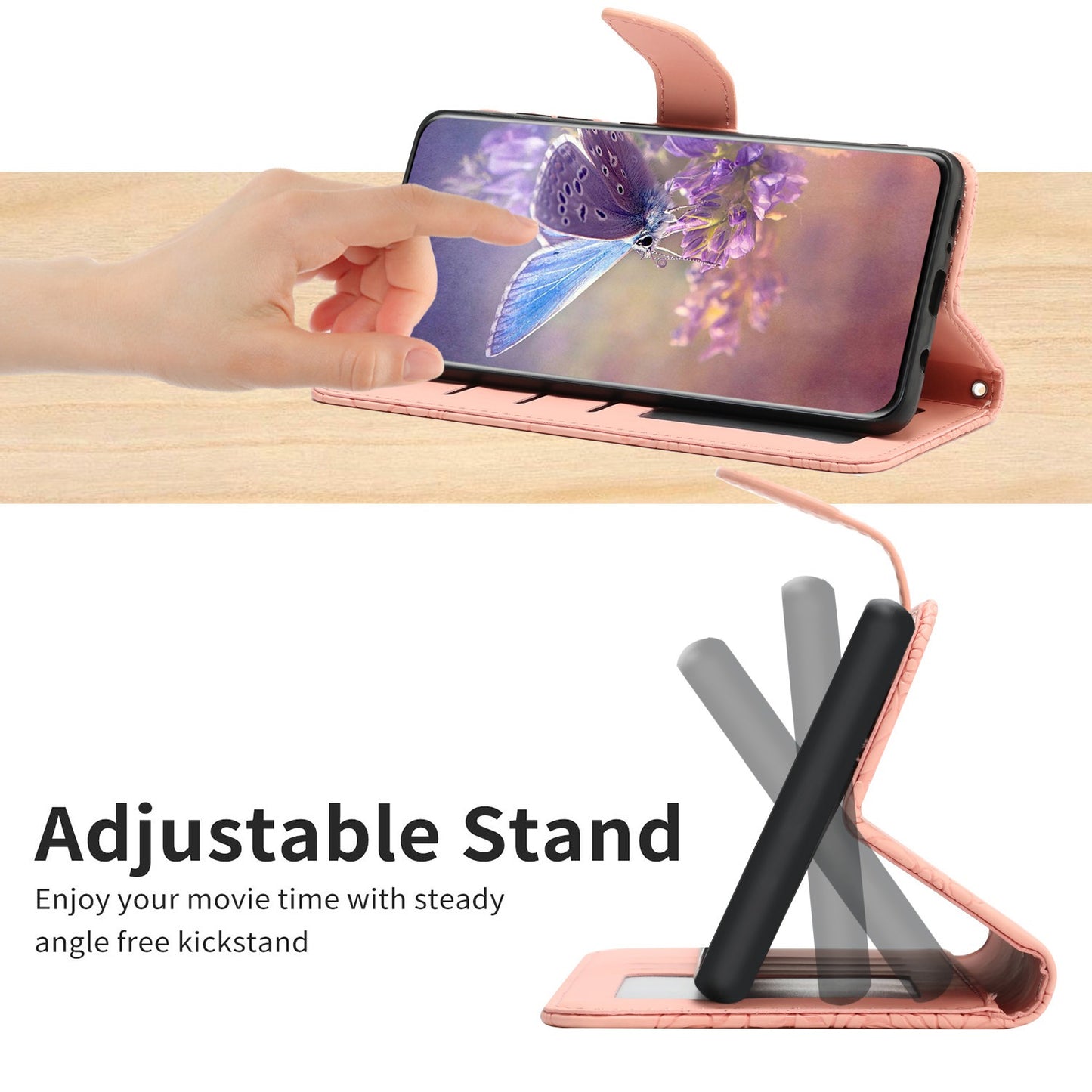 For Samsung Galaxy A41 (Global Version) Butterfly Flower Imprinted PU Leather Wallet Phone Cover TPU Inner Shell Skin-touch Feeling Stand Folio Case with Strap