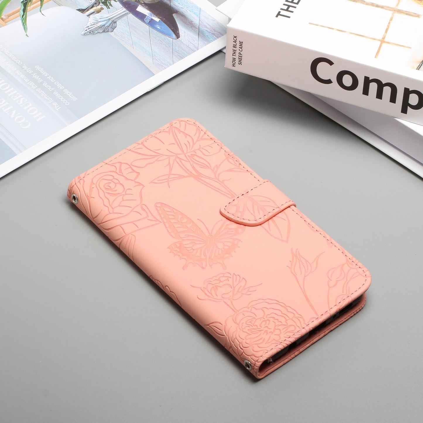 For Samsung Galaxy A41 (Global Version) Butterfly Flower Imprinted PU Leather Wallet Phone Cover TPU Inner Shell Skin-touch Feeling Stand Folio Case with Strap