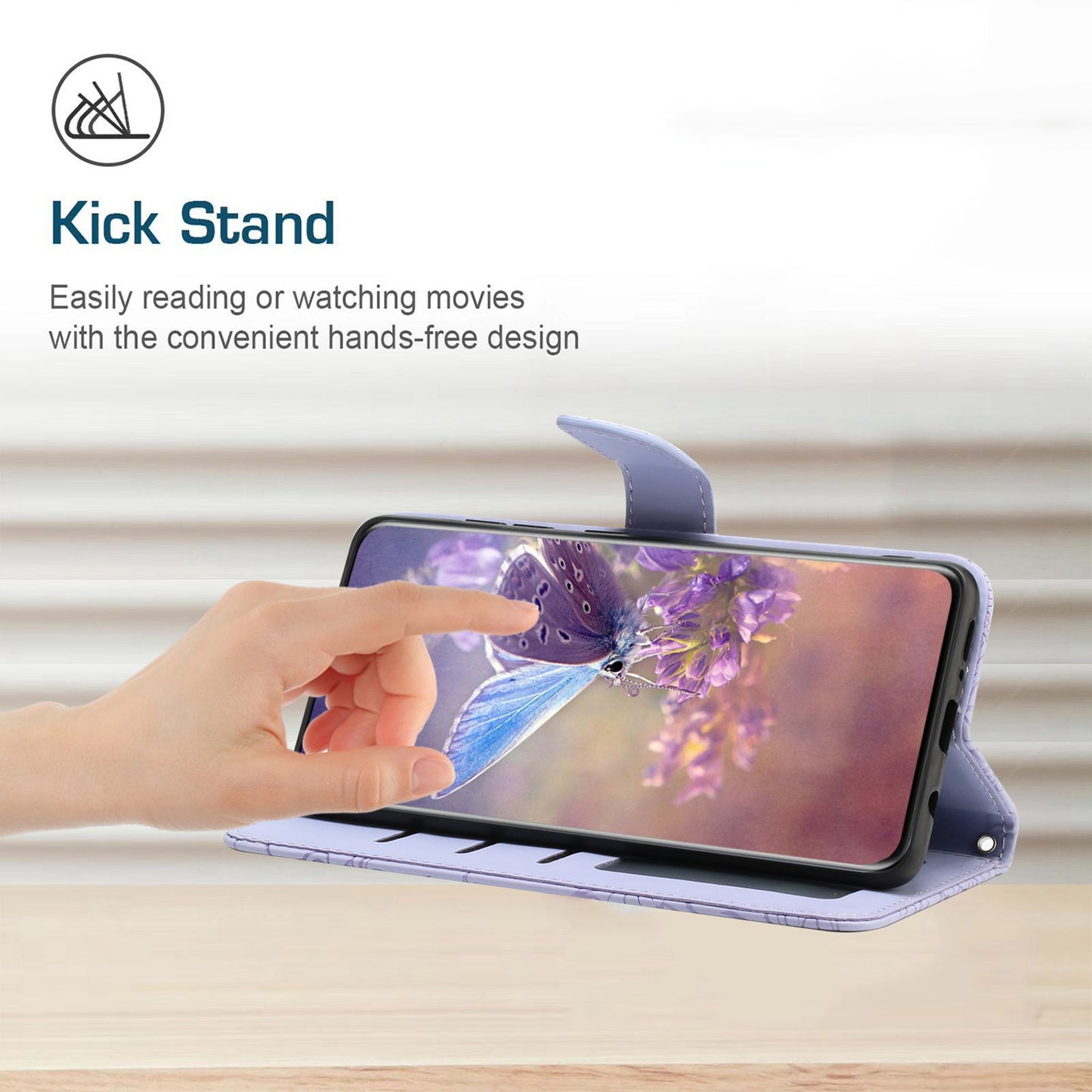 For Samsung Galaxy A41 (Global Version) Butterfly Flower Imprinted PU Leather Wallet Phone Cover TPU Inner Shell Skin-touch Feeling Stand Folio Case with Strap