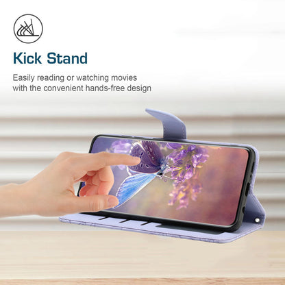 For Samsung Galaxy A41 (Global Version) Butterfly Flower Imprinted PU Leather Wallet Phone Cover TPU Inner Shell Skin-touch Feeling Stand Folio Case with Strap