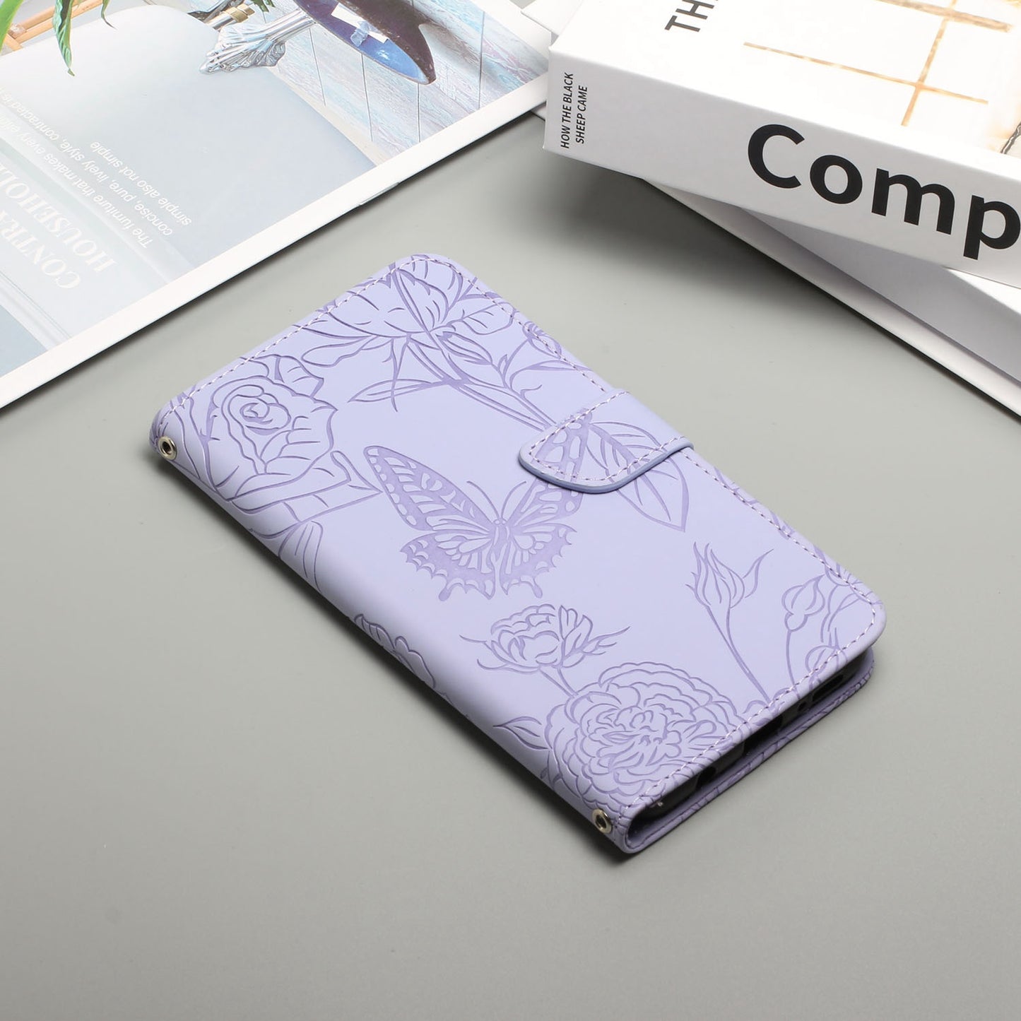 For Samsung Galaxy A41 (Global Version) Butterfly Flower Imprinted PU Leather Wallet Phone Cover TPU Inner Shell Skin-touch Feeling Stand Folio Case with Strap