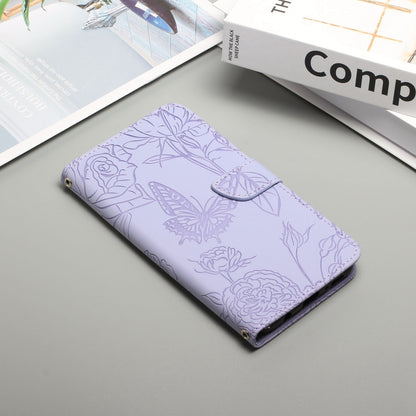 For Samsung Galaxy A41 (Global Version) Butterfly Flower Imprinted PU Leather Wallet Phone Cover TPU Inner Shell Skin-touch Feeling Stand Folio Case with Strap