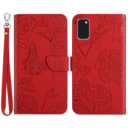 For Samsung Galaxy A41 (Global Version) Butterfly Flower Imprinted PU Leather Wallet Phone Cover TPU Inner Shell Skin-touch Feeling Stand Folio Case with Strap