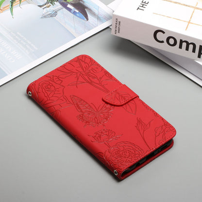 For Samsung Galaxy A41 (Global Version) Butterfly Flower Imprinted PU Leather Wallet Phone Cover TPU Inner Shell Skin-touch Feeling Stand Folio Case with Strap