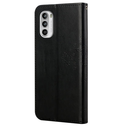 For Motorola Moto G52 4G Anti-scratch Anti-drop PU Leather Phone Cover Owl Tree Pattern Imprinted Wallet Style Stand Case with Wrist Strap