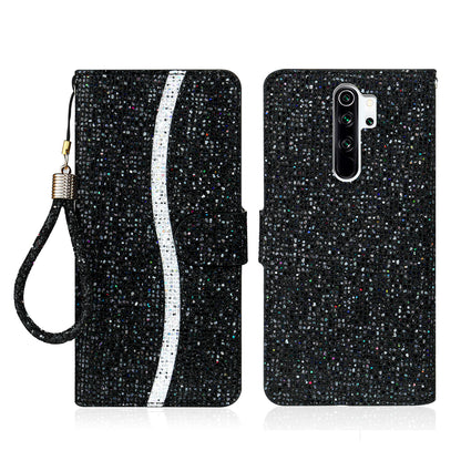 Phone Cover Glittery Powder Splicing Wallet Stand Leather Case for Xiaomi Redmi Note 8 Pro