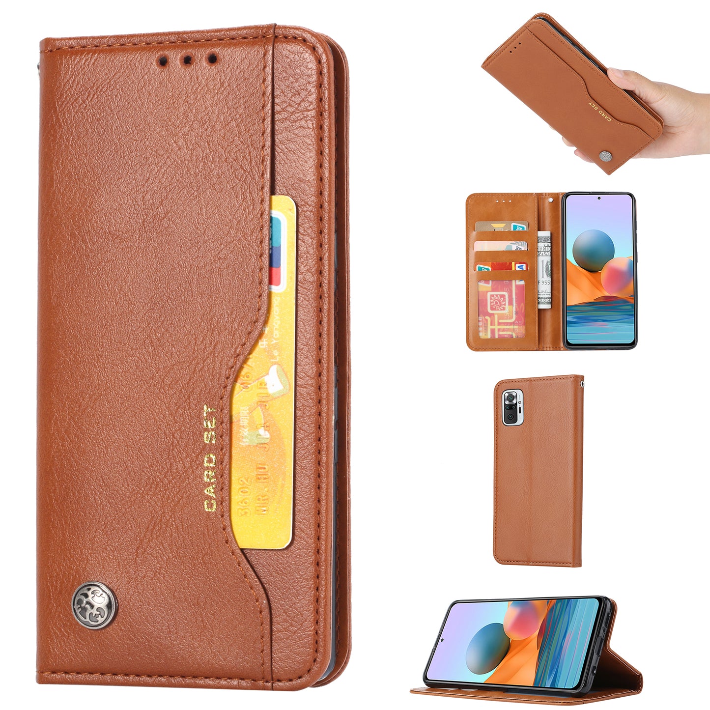 Wallet Stand Auto-absorbed Leather Protector Phone Cover for Xiaomi Redmi Note 10 4G / Redmi Note 10S / Poco M5s 4G