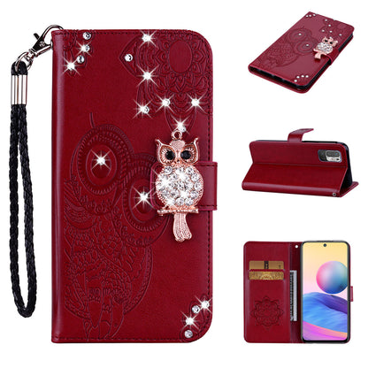 Owl Imprint Rhinestone Decor Leather Phone Cover for Xiaomi Redmi Note 10 5G/Poco M3 Pro 5G/4G
