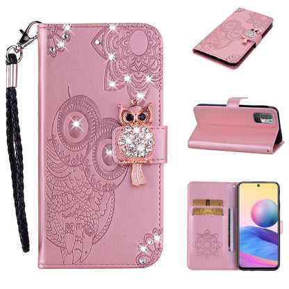 Owl Imprint Rhinestone Decor Leather Phone Cover for Xiaomi Redmi Note 10 5G/Poco M3 Pro 5G/4G