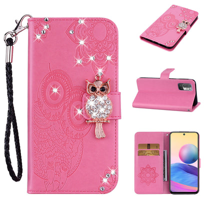 Owl Imprint Rhinestone Decor Leather Phone Cover for Xiaomi Redmi Note 10 5G/Poco M3 Pro 5G/4G