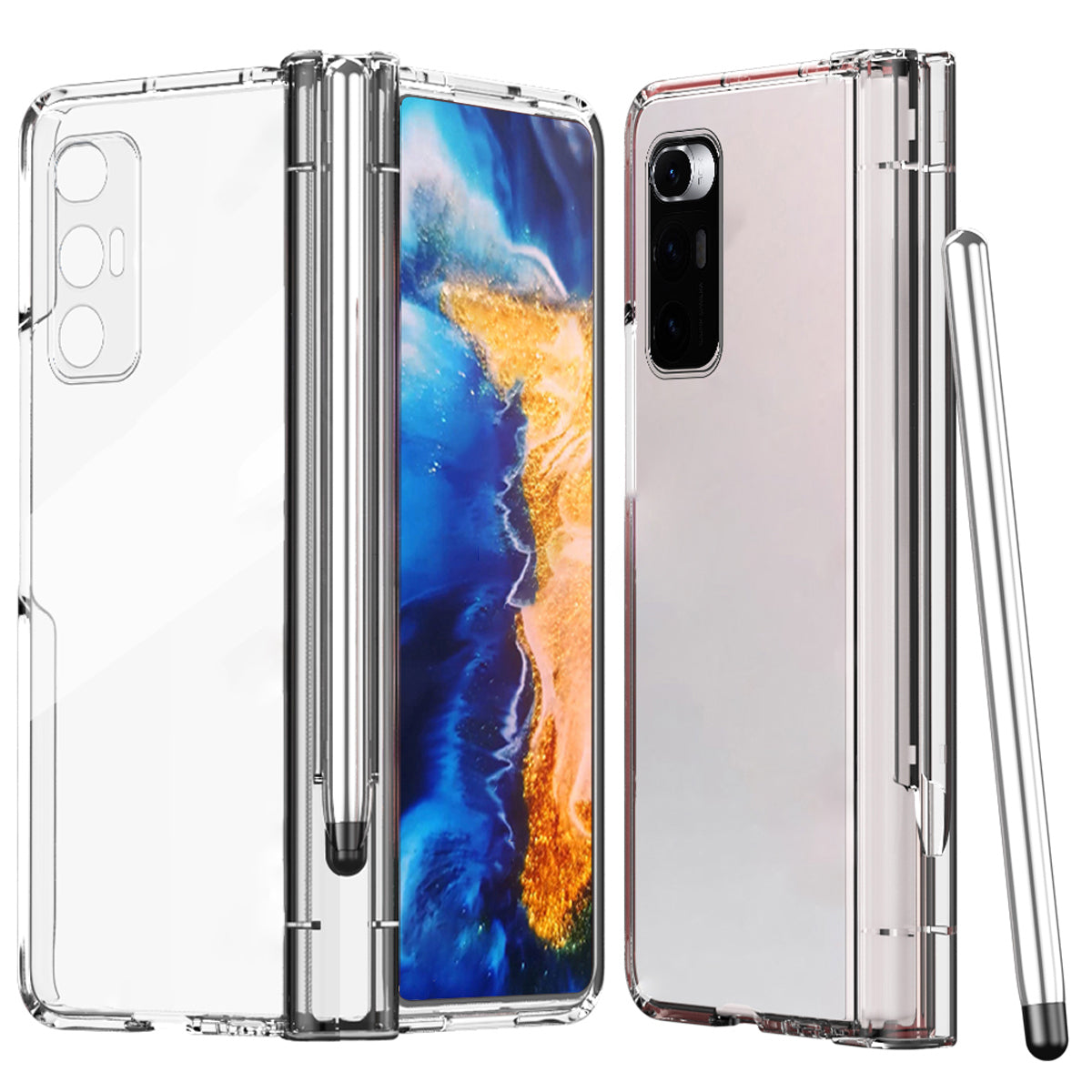 For Xiaomi Mi Mix Fold Electroplating Hard PC Folding Phone Case Pen Slot Hinge Protective Cover with Tempered Glass Film and Stylus Pen