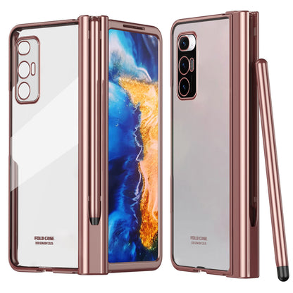For Xiaomi Mi Mix Fold Electroplating Hard PC Folding Phone Case Pen Slot Hinge Protective Cover with Tempered Glass Film and Stylus Pen
