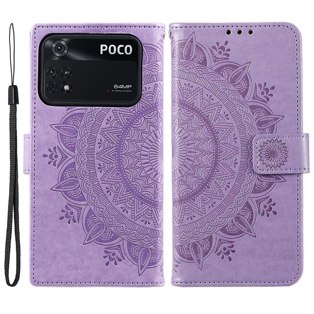 Imprinted Mandala Flower Wallet Design Leather Case with Strap for Xiaomi Poco M4 Pro 4G, Anti-Drop Full Protection Phone Stand Case
