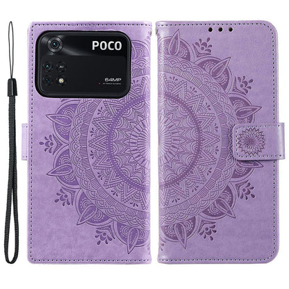 Imprinted Mandala Flower Wallet Design Leather Case with Strap for Xiaomi Poco M4 Pro 4G, Anti-Drop Full Protection Phone Stand Case