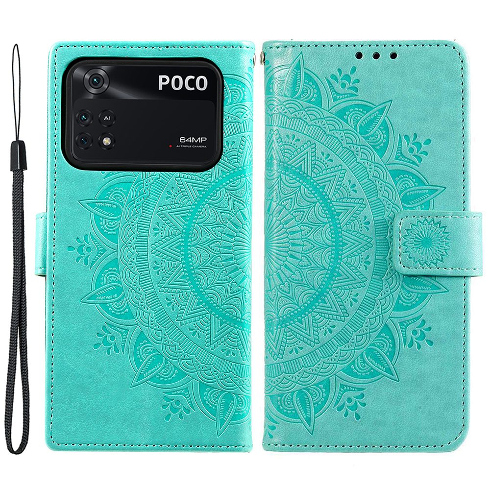 Imprinted Mandala Flower Wallet Design Leather Case with Strap for Xiaomi Poco M4 Pro 4G, Anti-Drop Full Protection Phone Stand Case
