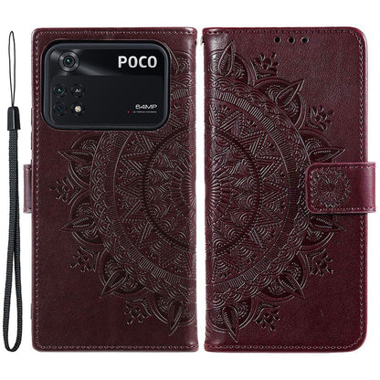 Imprinted Mandala Flower Wallet Design Leather Case with Strap for Xiaomi Poco M4 Pro 4G, Anti-Drop Full Protection Phone Stand Case