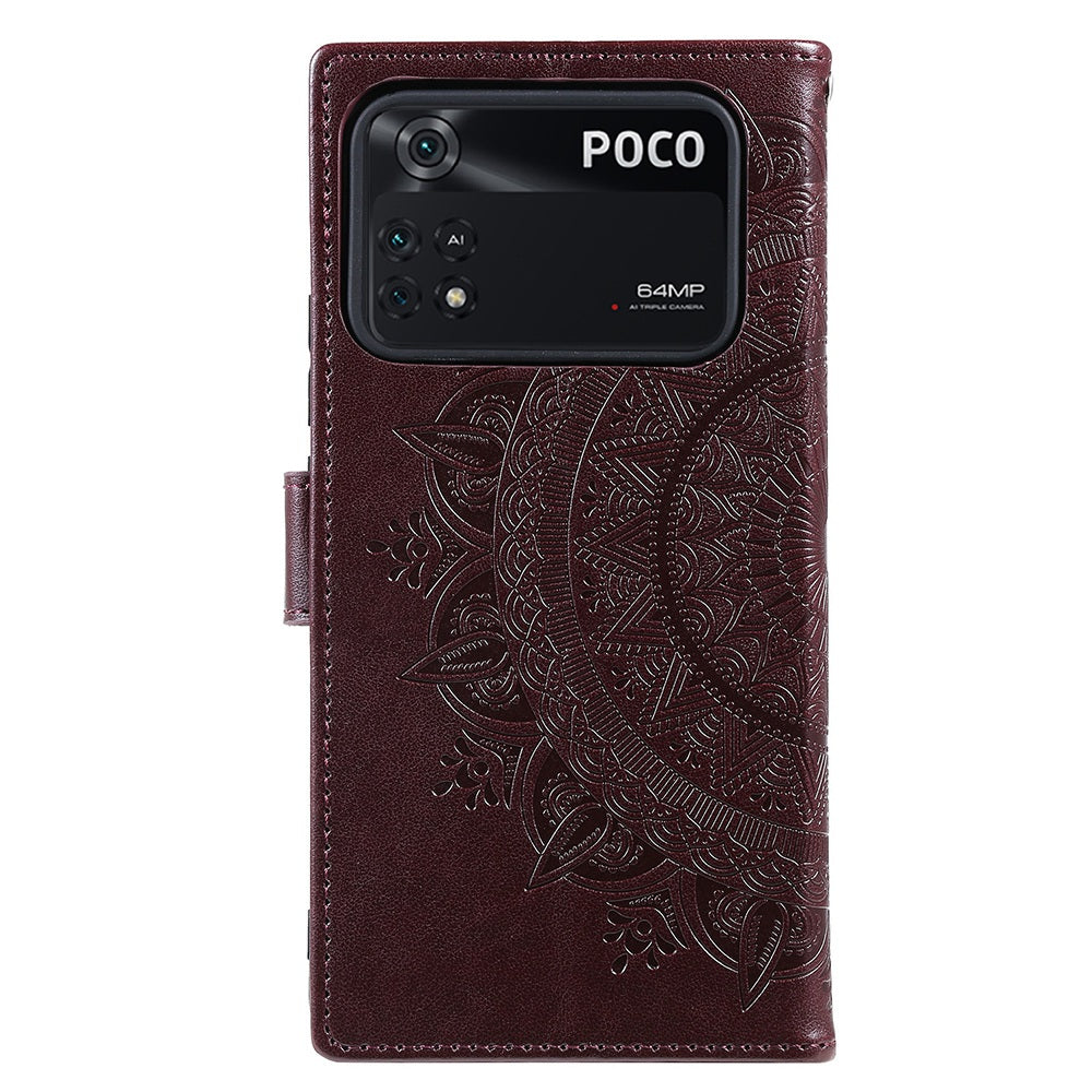 Imprinted Mandala Flower Wallet Design Leather Case with Strap for Xiaomi Poco M4 Pro 4G, Anti-Drop Full Protection Phone Stand Case