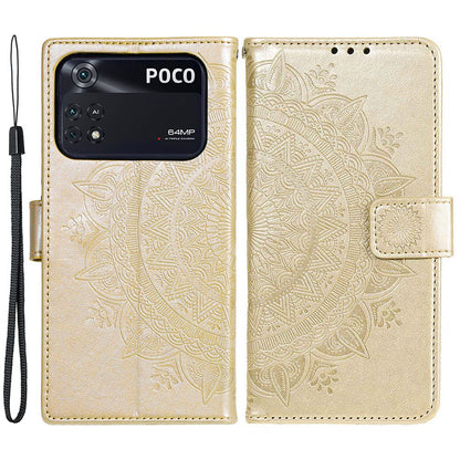 Imprinted Mandala Flower Wallet Design Leather Case with Strap for Xiaomi Poco M4 Pro 4G, Anti-Drop Full Protection Phone Stand Case