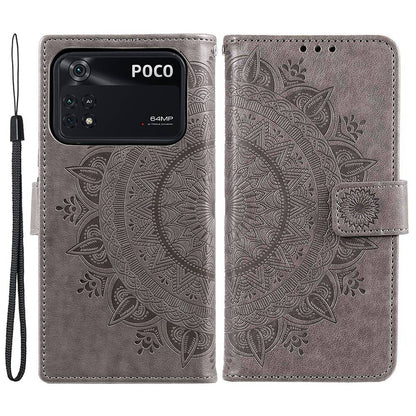 Imprinted Mandala Flower Wallet Design Leather Case with Strap for Xiaomi Poco M4 Pro 4G, Anti-Drop Full Protection Phone Stand Case