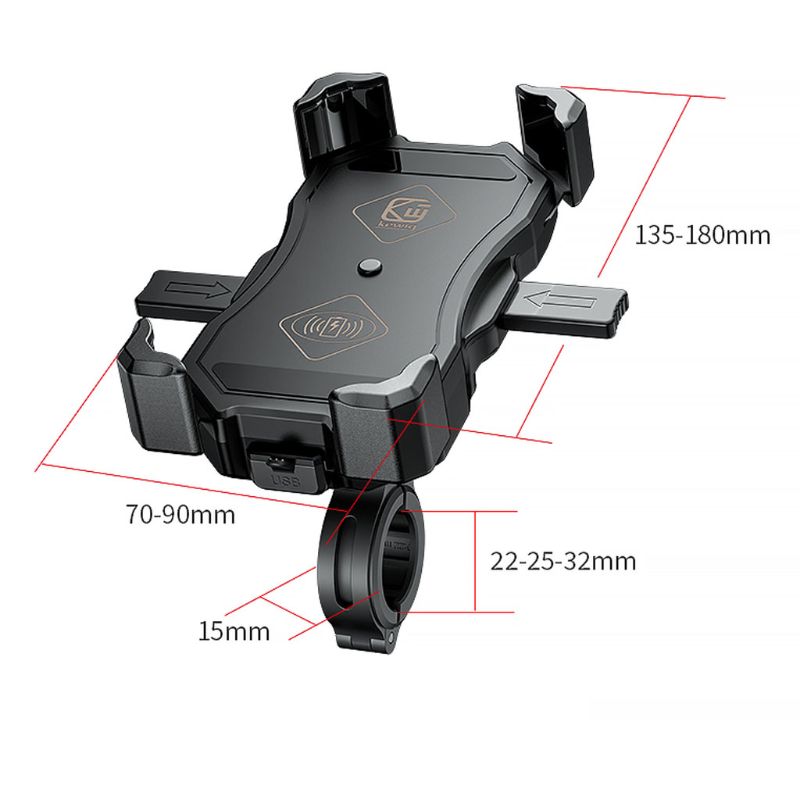 M11-A Motorcycle Wireless & QC3.0 USB Phone Mount Charger Qi 15W Handlebar Rear-View Mirror Cellphone Holder 360 Rotation for 3.5-6.5 Inch Smartphones