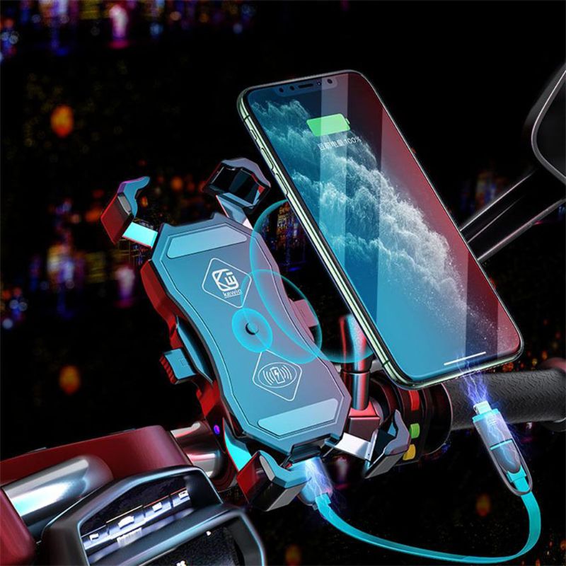 M11-A Motorcycle Wireless & QC3.0 USB Phone Mount Charger Qi 15W Handlebar Rear-View Mirror Cellphone Holder 360 Rotation for 3.5-6.5 Inch Smartphones