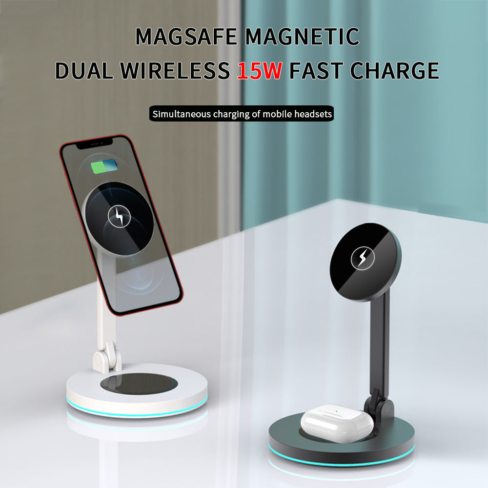 Y21 Folding Magnetic Wireless Charger 15W Fast Charging Stand Holder with LED Ambient Light for Earphones/Smart Phones
