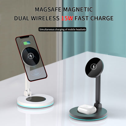 Y21 Folding Magnetic Wireless Charger 15W Fast Charging Stand Holder with LED Ambient Light for Earphones/Smart Phones