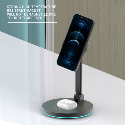 Y21 Folding Magnetic Wireless Charger 15W Fast Charging Stand Holder with LED Ambient Light for Earphones/Smart Phones