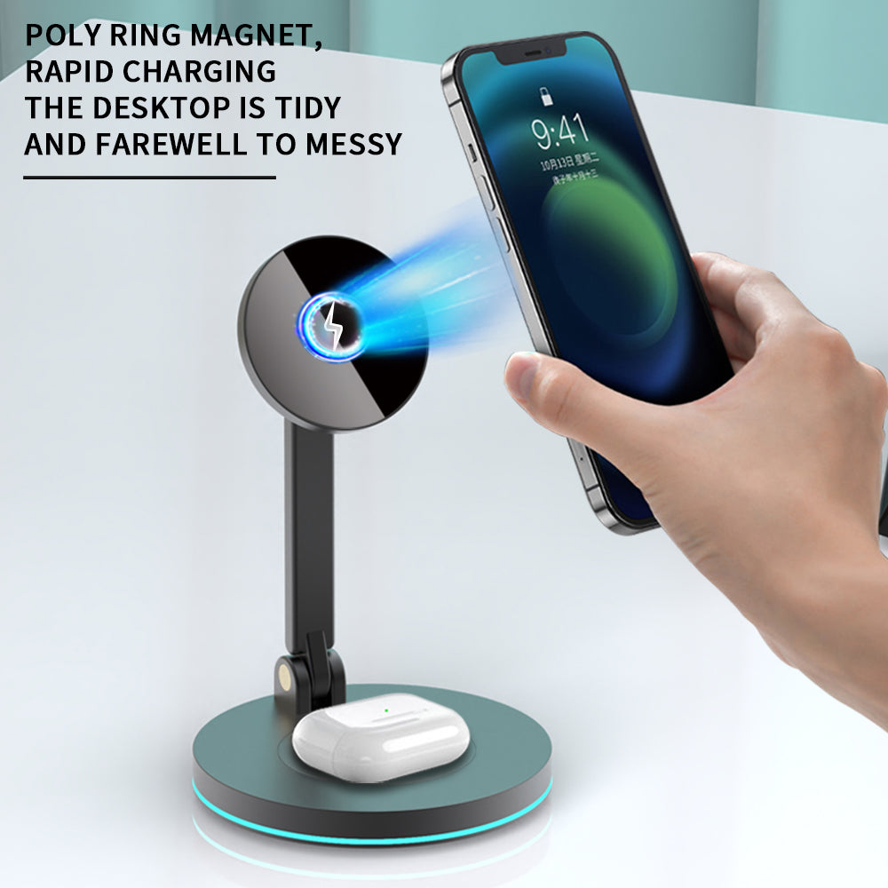 Y21 Folding Magnetic Wireless Charger 15W Fast Charging Stand Holder with LED Ambient Light for Earphones/Smart Phones