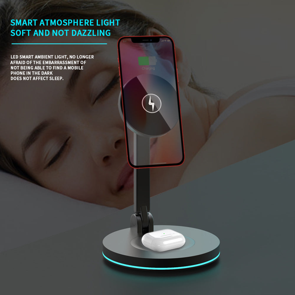 Y21 Folding Magnetic Wireless Charger 15W Fast Charging Stand Holder with LED Ambient Light for Earphones/Smart Phones