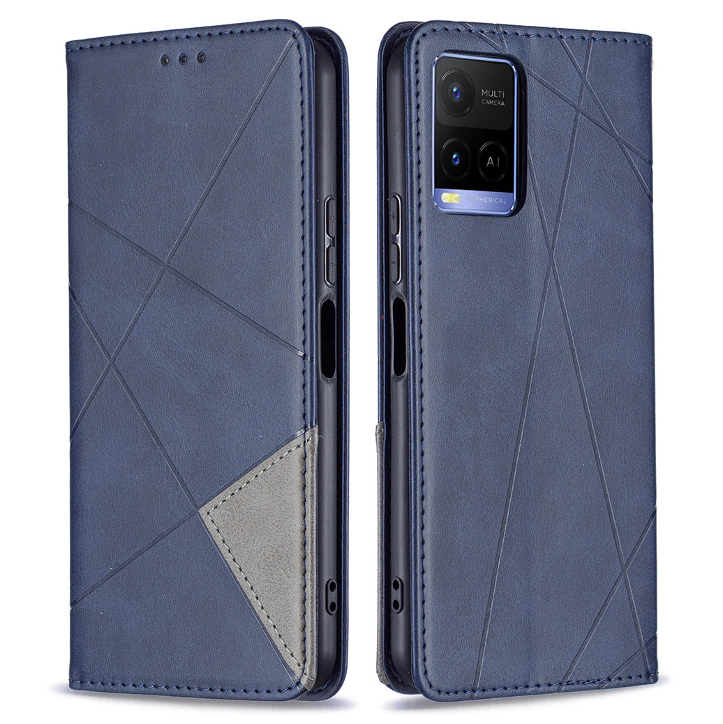 For vivo Y21 Scratch-resistant Rhombus-Like Protective Phone Cover Imprinting Card Slots Design Leather Stand Phone Case